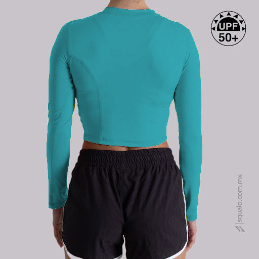 PLAYERA RASHGUARD OMBLIGUERA MANGA LARGA HIBIX I I CELESTE