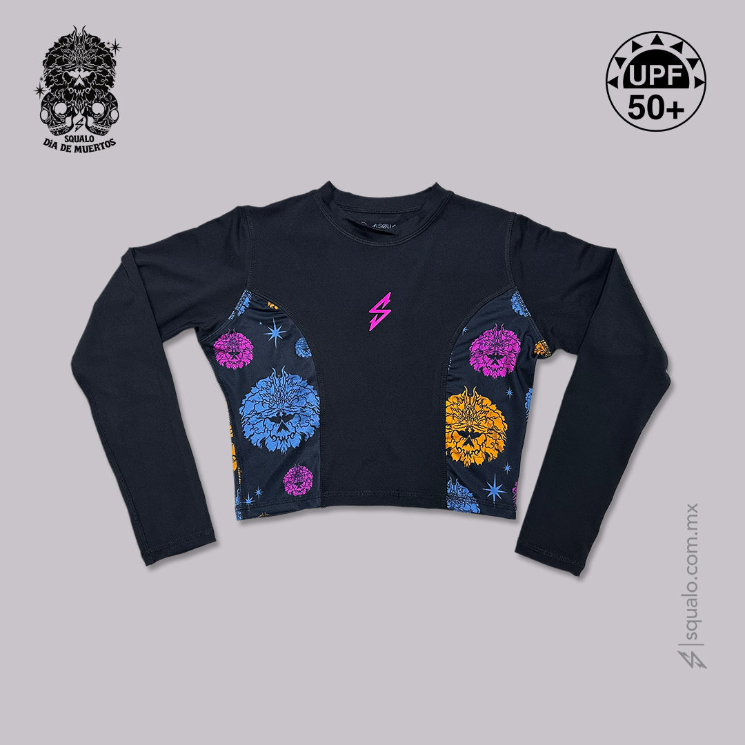 PLAYERA RASHGUARD OMBLIGUERA MANGA LARGA DDM26 NEGRO