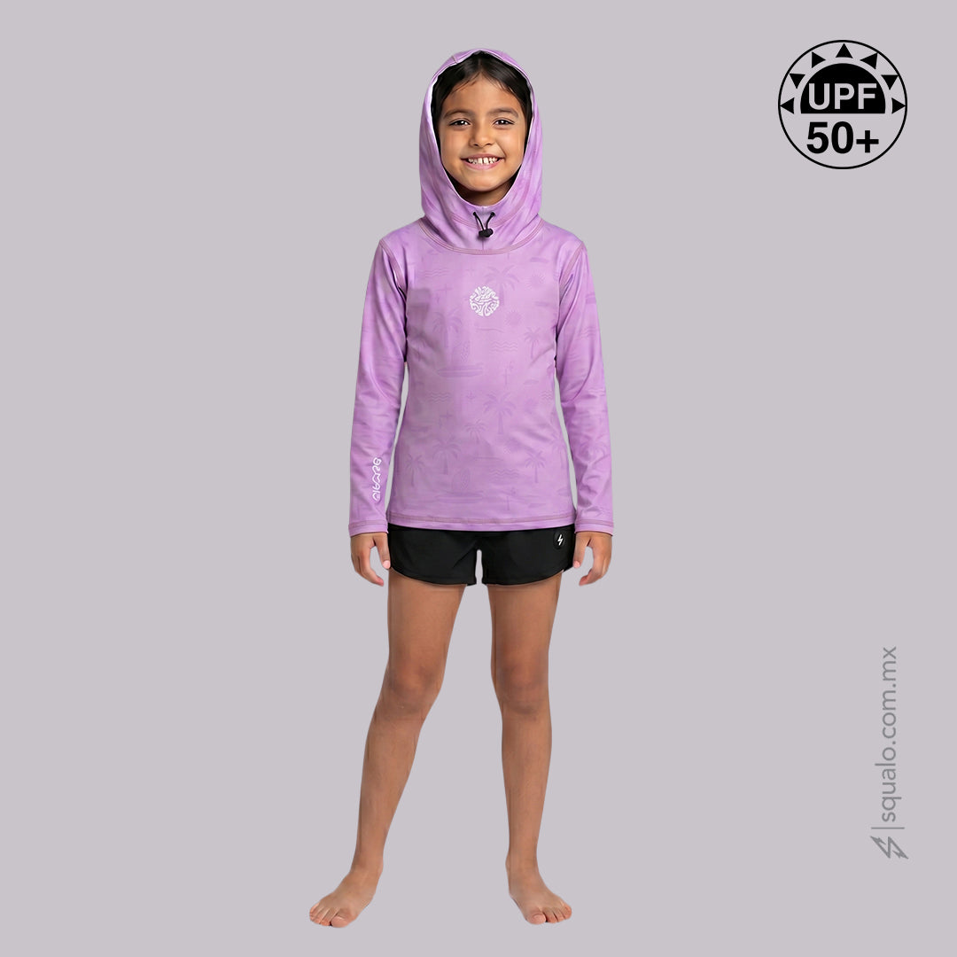 PLAYERA RASHGUARD MANGA LARGA CON GORRO CORTE AMPLIO FLORIGIRL ROSA