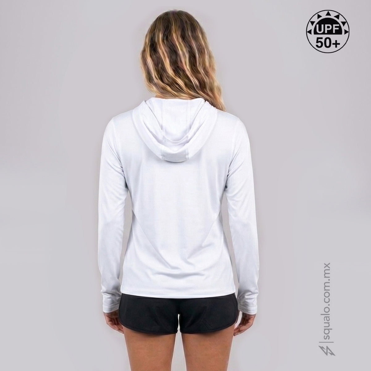 PLAYERA RASHGUARD MANGA LARGA CON GORRO XIRL BLANCO