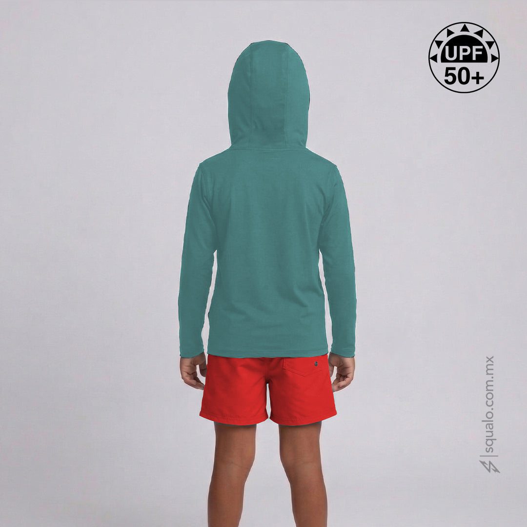 PLAYERA RASHGUARD MANGA LARGA CON GORRO CORTE AMPLIO HOODINI KIDS TEAL