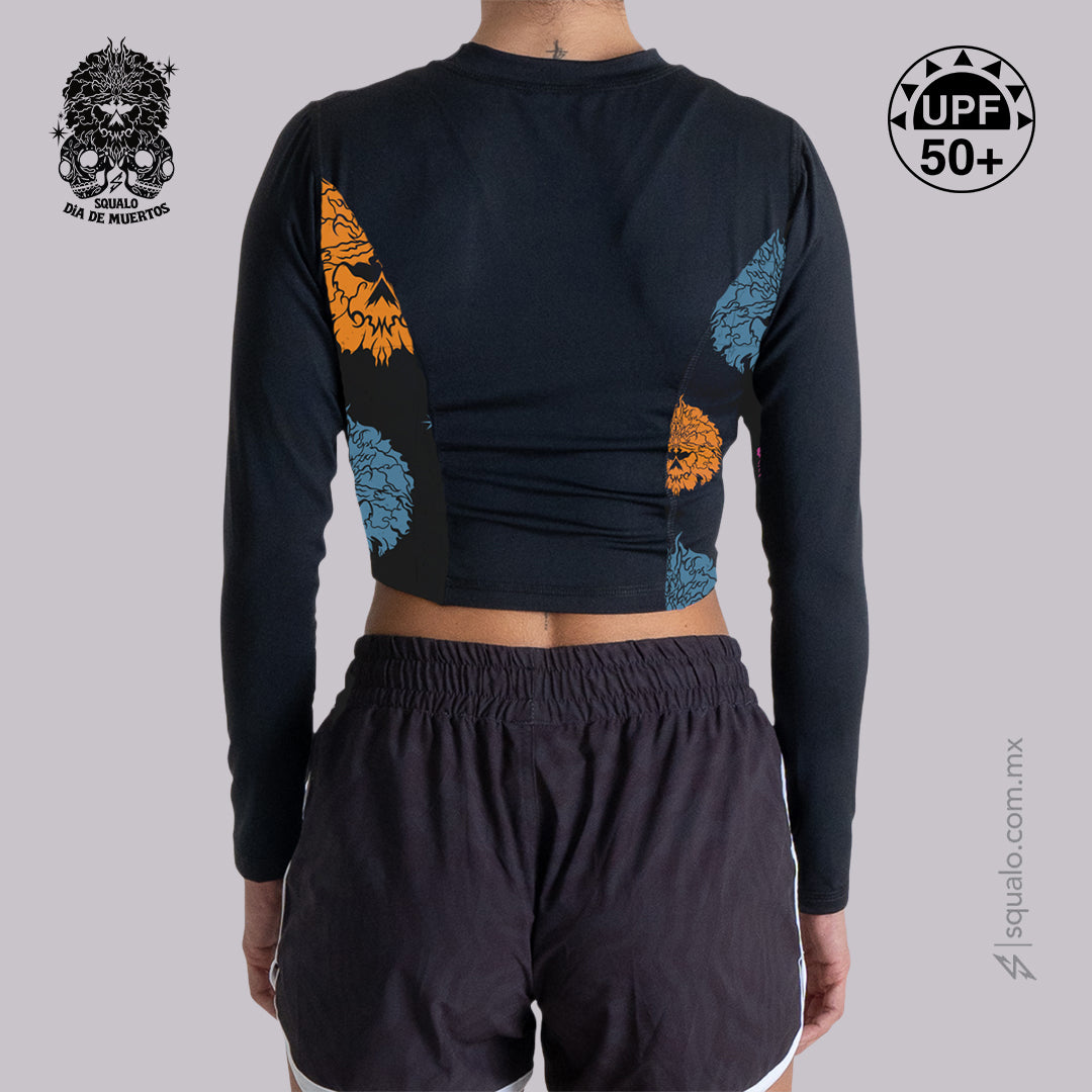 PLAYERA RASHGUARD OMBLIGUERA MANGA LARGA  DDM26 NEGRO