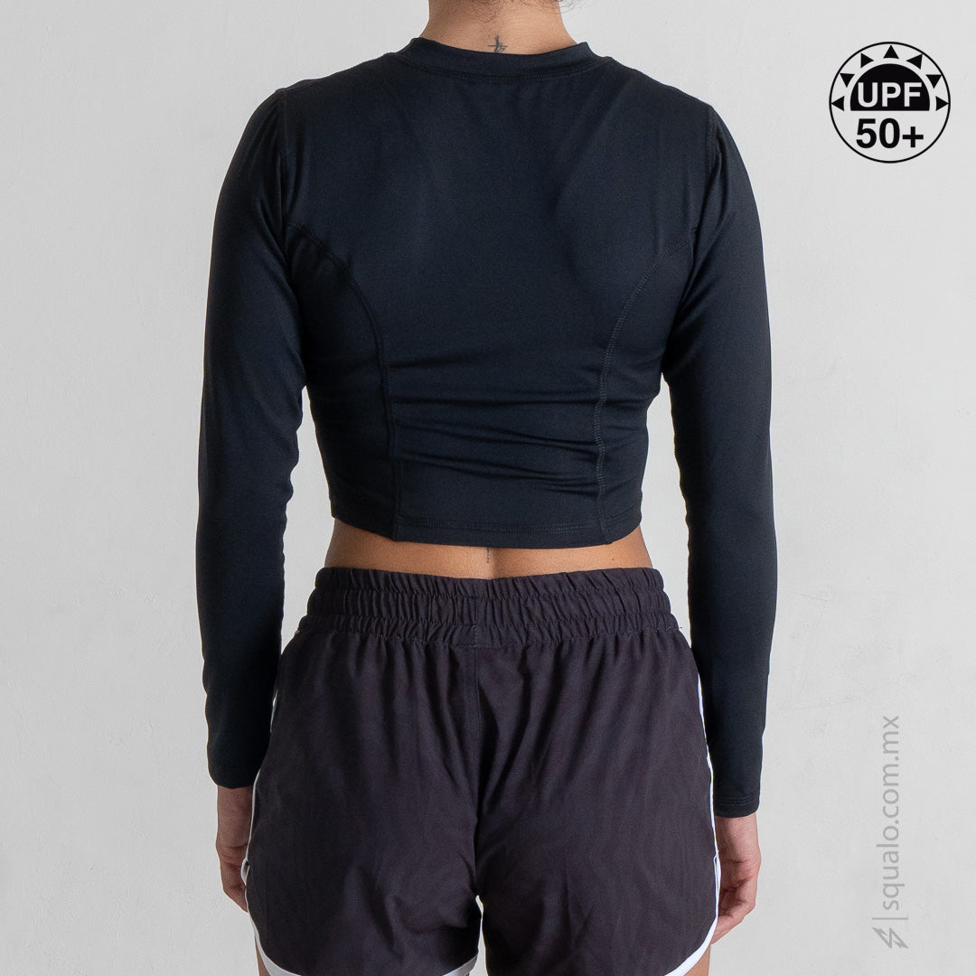 PLAYERA RASHGUARD OMBLIGUERA MANGA LARGA HIBIX NEGRO