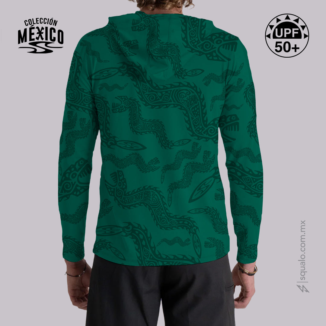 PLAYERA RASHGUARD MANGA LARGA CON GORRO CORTE AMPLIO RASHO MX VERDE