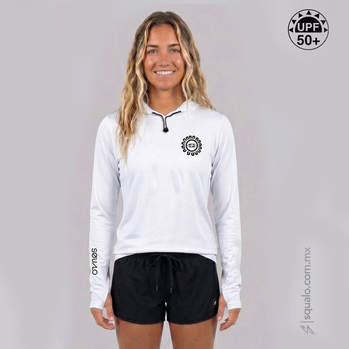 PLAYERA RASHGUARD MANGA LARGA CON GORRO XIRL BLANCO – Squalo